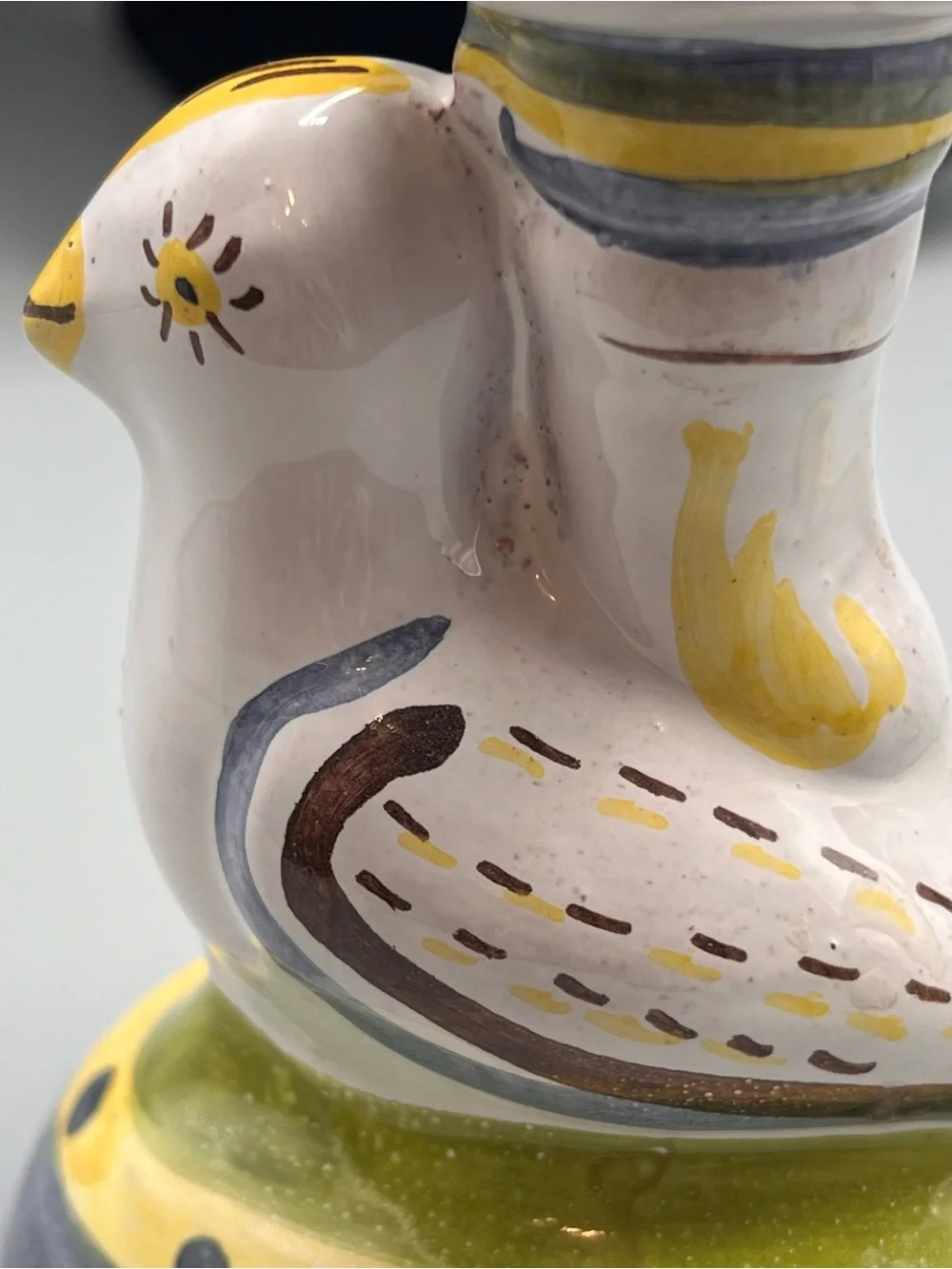 Vintage Portuguese Pottery Candlestick Holder Bird Yellow Blue Authorized Copy